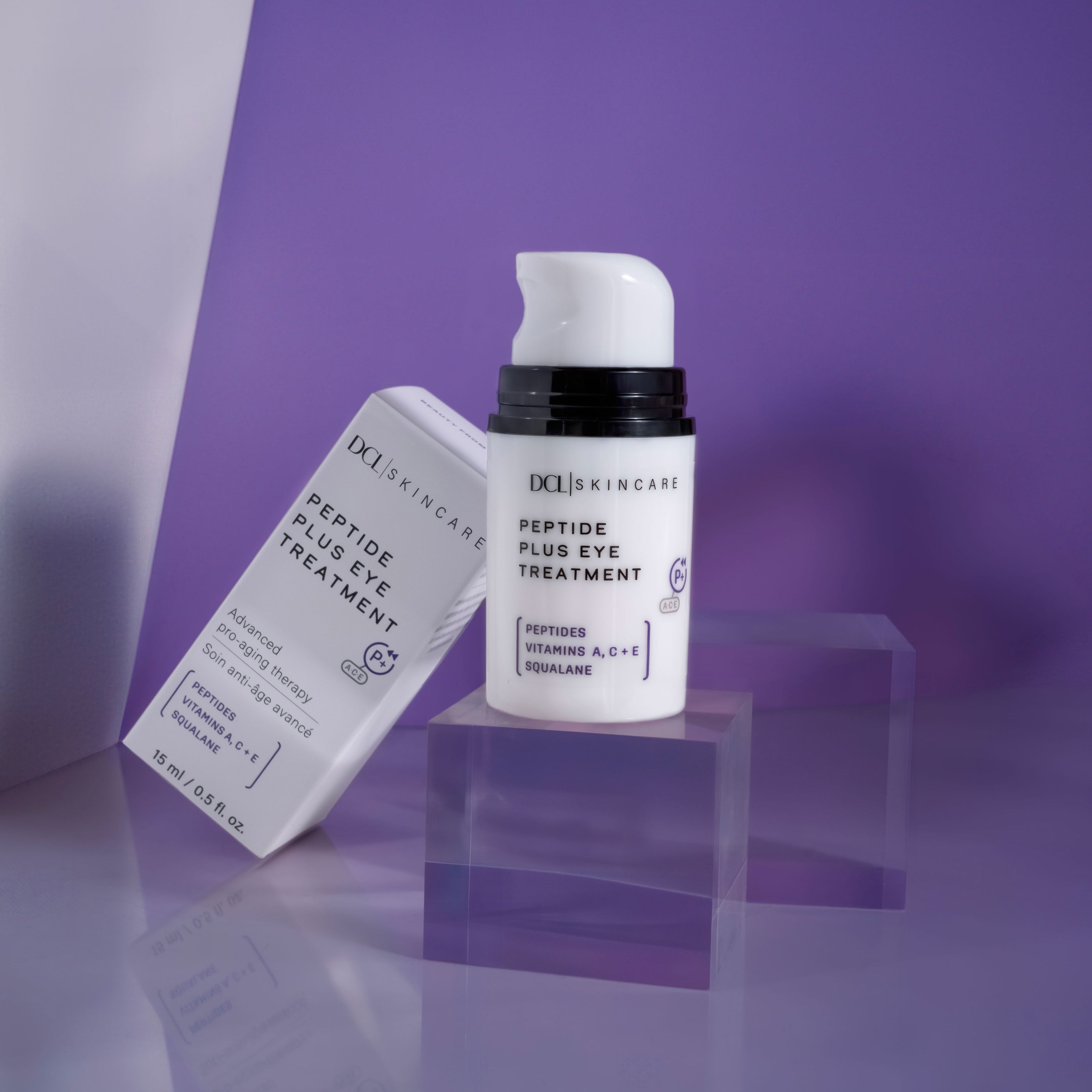 Peptide Plus Eye Treatment Carton and bottle on purple background